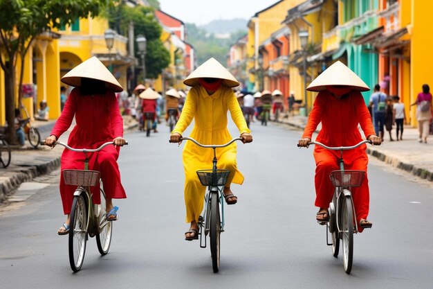 Drie vrouwen rijden op fietsen door een straat met Chinese hoeden aan.