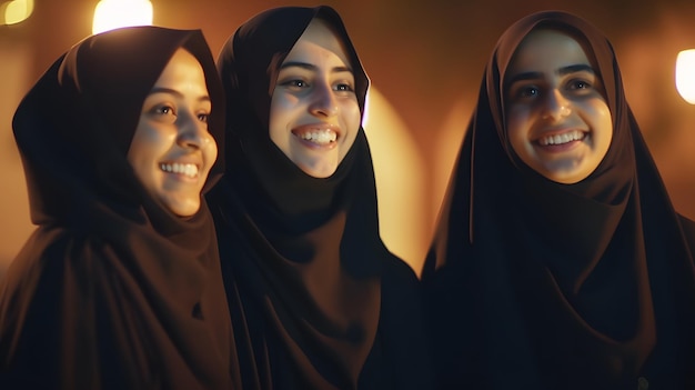 Drie vrouwen staan bij elkaar, van wie er één een hijab draagt.