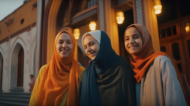 Drie vrouwen staan buiten een gebouw, een van hen draagt een hoofddoek.