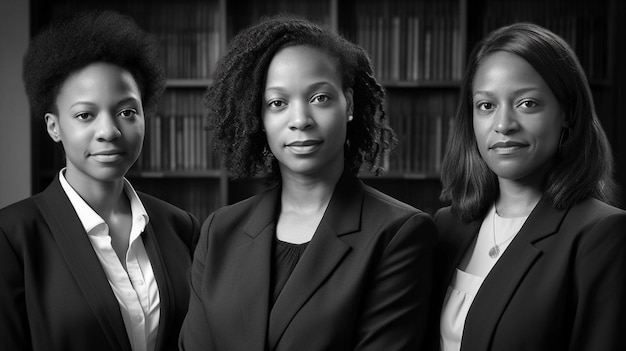 Drie vrouwen staan voor een boekenplank met op de voorkant de woorden vrouwenrechten.