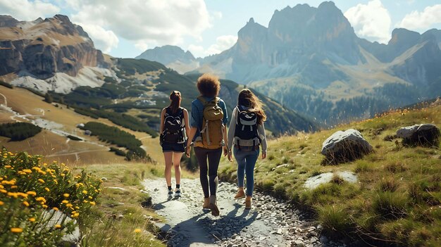 Drie vrouwen wandelen in de bergen. Ze dragen rugzakken en lopen op een rotsachtig pad.