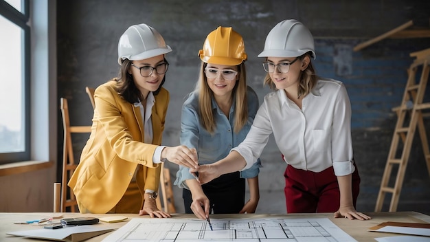 Drie vrouwen werken als architecten aan een bouwwerk en nemen een beslissing over het plan van een gebouw