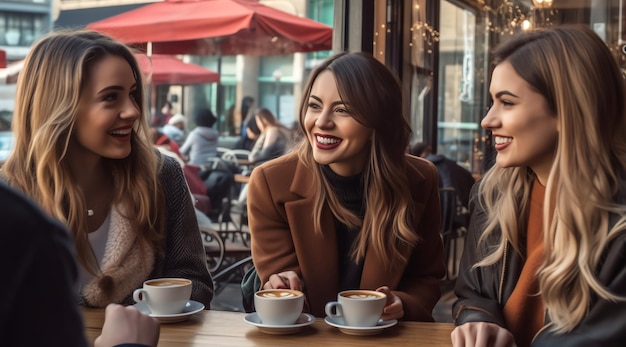 Drie vrouwen zitten aan een tafel in een café koffie te drinken en te praten.