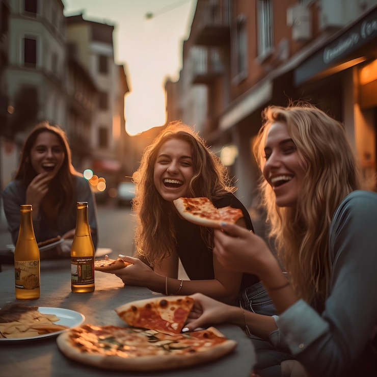 Drie vrouwen zitten aan een tafel pizza te eten en bier te drinken.