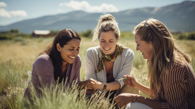 Drie vrouwen zitten in een veld van hoog gras Vrouwendag