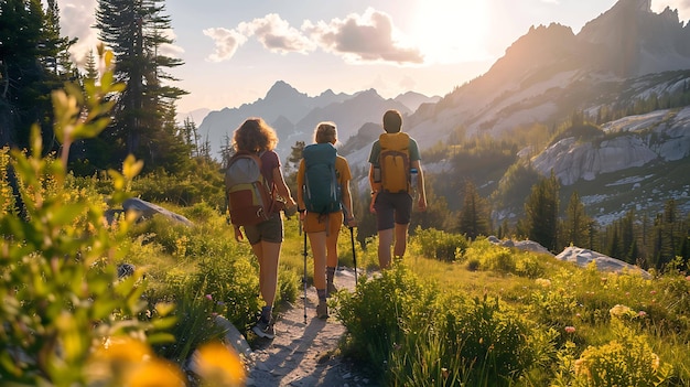 Drie wandelaars lopen langs een bergweg en genieten van het prachtige landschap de zon schijnt helder en de wilde bloemen zijn in bloei