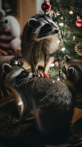 Drie wasberen staan voor een generatief AI-beeld van een kerstboom