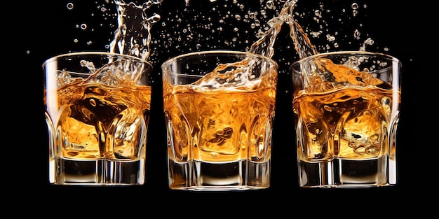 Drie whisky glazen en een spatje op een zwarte achtergrond Generatieve AI