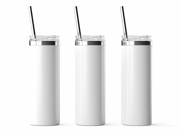 Foto drie white skinny tumbler mockup ontwerpen met stro cylind witte achtergrond hd foto geïsoleerd wit