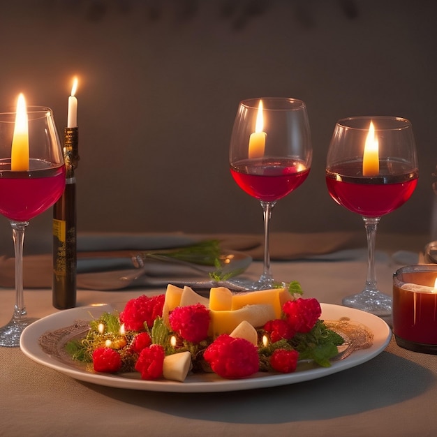 Drie wijnglazen met rode rozen en kaas op een tafel met een kaars erachter.