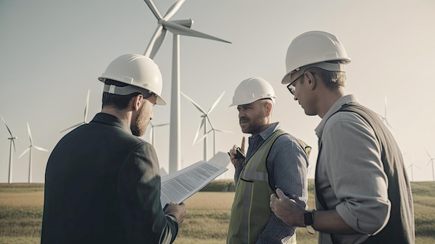 drie windenergie ingenieurs in de buurt van enkele windmolens gecreëerd met AI