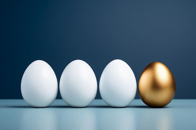 Drie witte en één gouden eieren op een donkerblauwe achtergrond