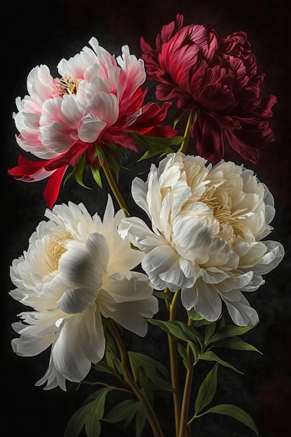 Drie witte en rode bloemen in een vaas generatieve ai