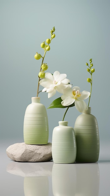 drie witte flessen voedsel en bloemen gemaakt van stenen