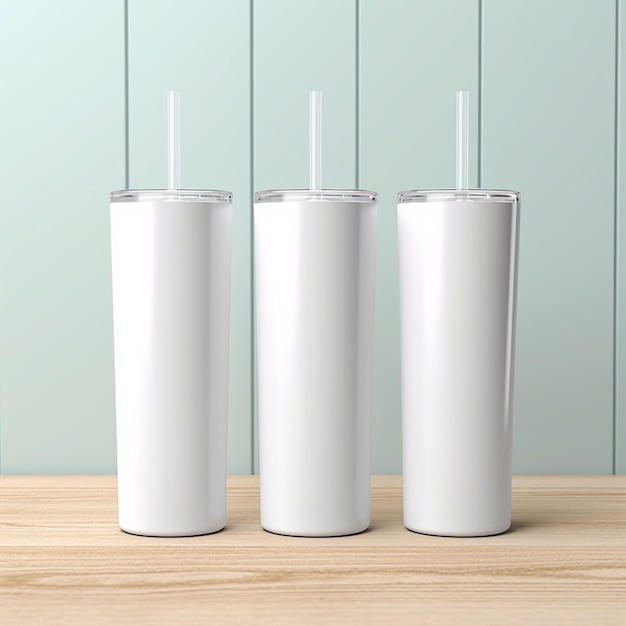 Drie witte kopjes met rietjes zitten op een houten tafel generatieve ai