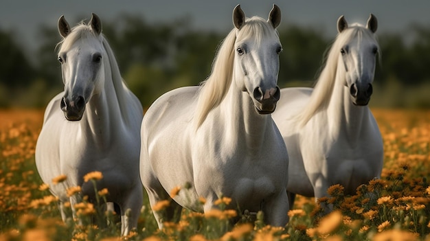 Drie witte paarden in een bloemenveld