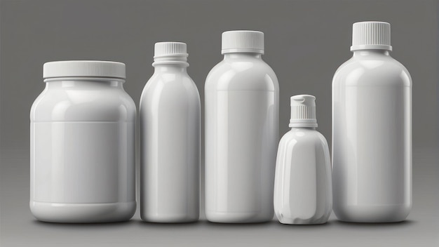 Foto drie witte plastic flessen van verschillende maten op een grijze achtergrond