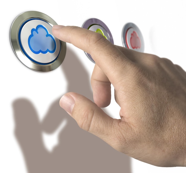 Drie wolken knoppen op witte achtergrond met man hand en vinger op de eerste te drukken. Conceptueel beeld voor cloud computing-illustratie.