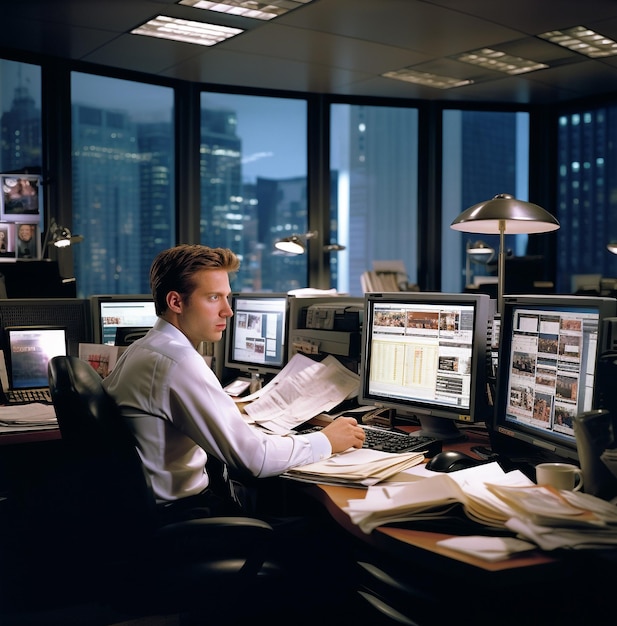 Drie zakenlieden die aan hun documenten werken aan een tafel met bedrijfs- en marketingfoto's