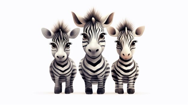 Drie zebra's staan voor een witte achtergrond.