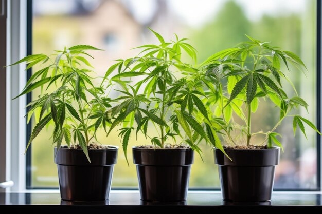 drie zelfgekweekte cannabisplanten in bloempot op vensterbank AI gegenereerd