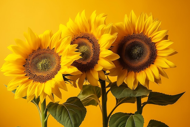 Drie zonnebloemen op een gele achtergrond