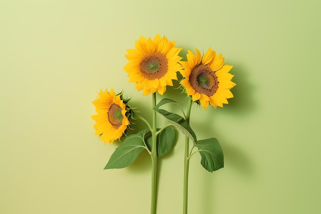 Drie zonnebloemen op een groene achtergrond