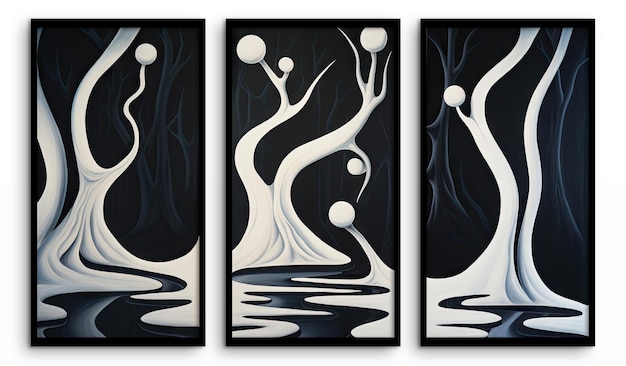 Drie zwart-witte posters met een abstracte fantasie schilderij van een bos en donkere wateren