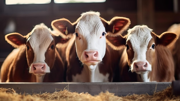 Drie zwarte en witte koeien groep samen in een veld gelukkig en vreugdevol en een blauwe hemel een breed uitzicht op zoek verlegen en nieuwsgierig AI gegenereerd beeld