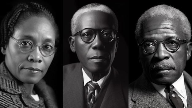 Drie zwarte mensen met een bril op en de een heeft een zwarte achtergrond en de ander heeft een zwarte achtergrond.