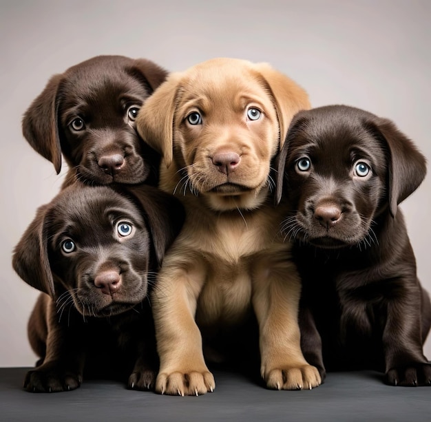 Drie zwarte puppy's met een crème puppy.