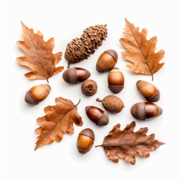 Dried acorns with leaves isolated on white background