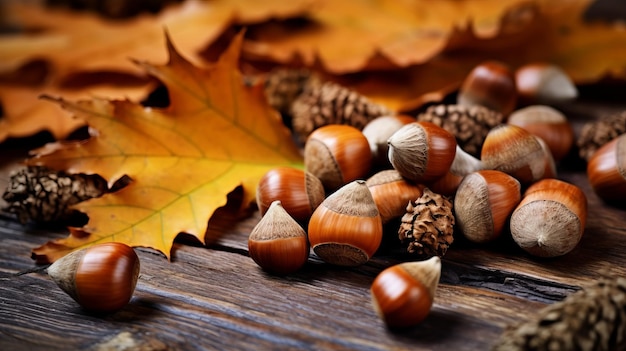 Photo dried acorns with leaves