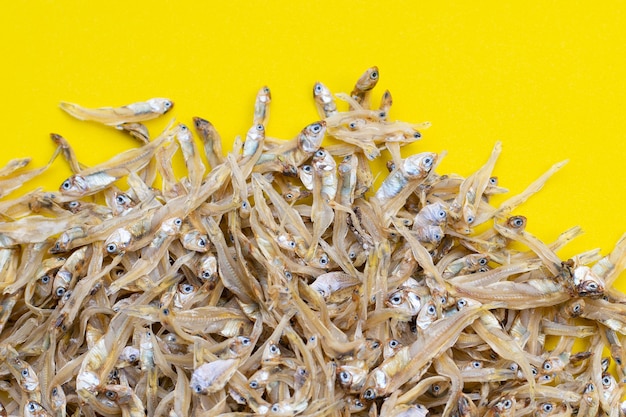 Dried anchovy on yellow background.