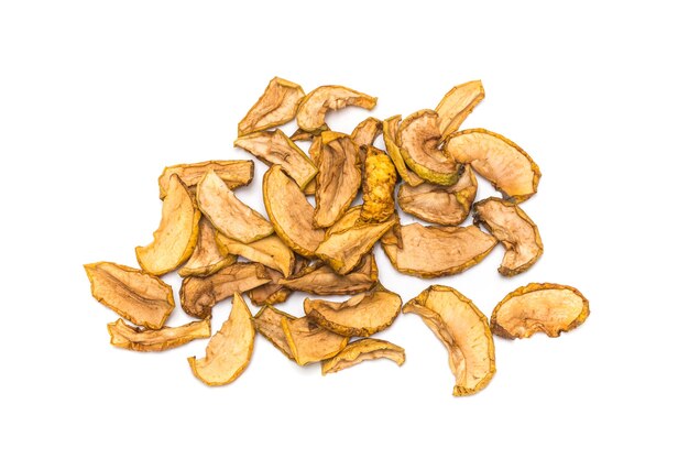 Dried apple slices on white background