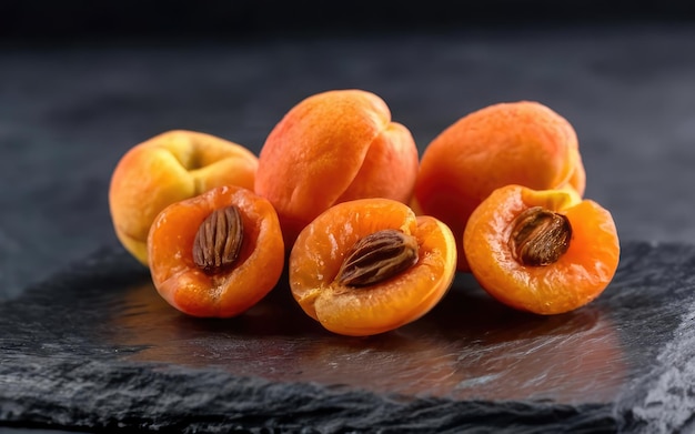 dried apricots on a black background with shadow