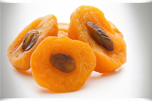 Dried apricots with almonds in middle isolated on white background