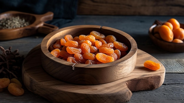 Dried apricots in a wooden dis