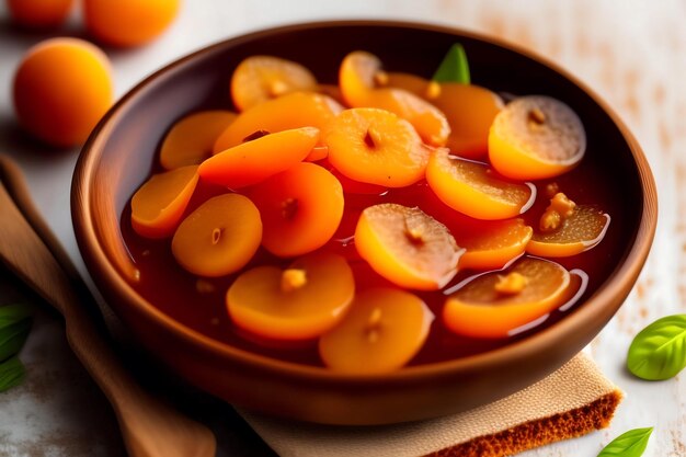 Dried apricots in a wooden dish