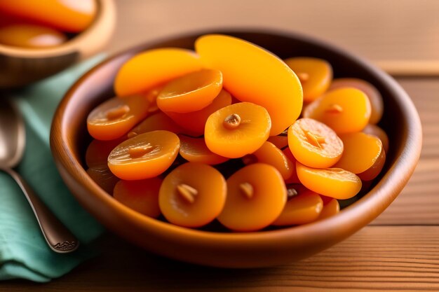 Dried apricots in a wooden dish