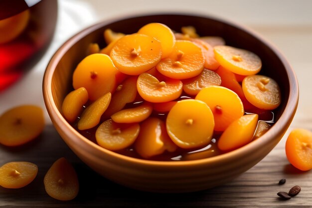 Dried apricots in a wooden dish