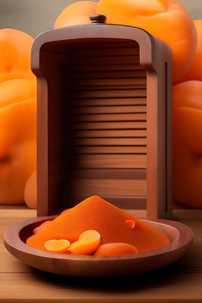 Dried apricots in a wooden dish