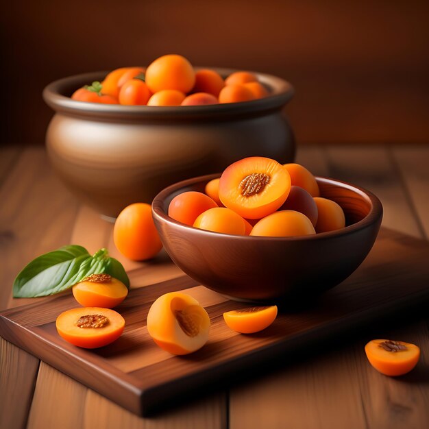 Dried apricots in a wooden dish