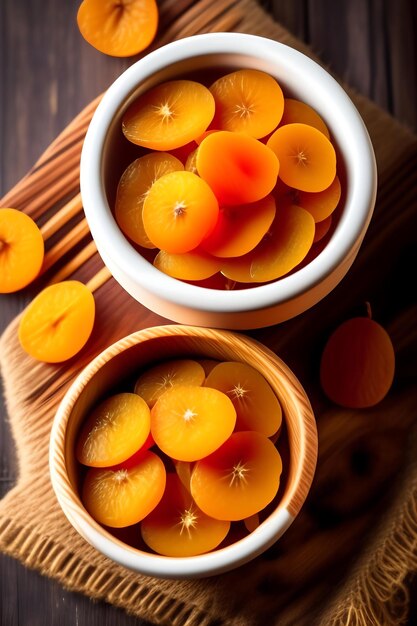 Dried apricots in a wooden dish