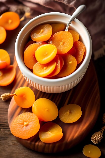 Dried apricots in a wooden dish