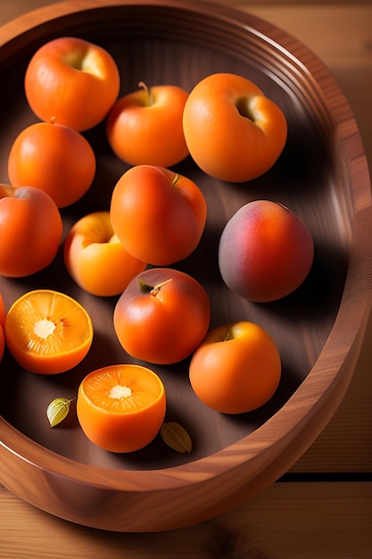 Dried apricots in a wooden dish