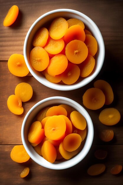 Dried apricots in a wooden dish