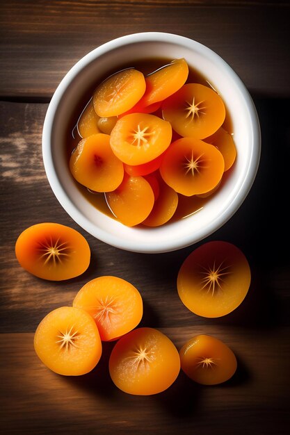 Dried apricots in a wooden dish