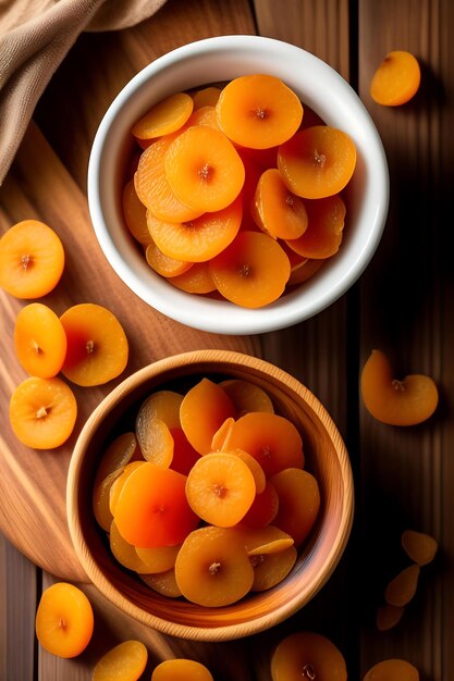 Dried apricots in a wooden dish