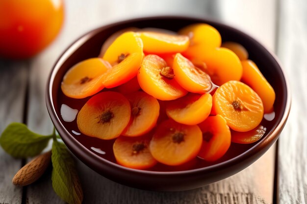 Dried apricots in a wooden dish